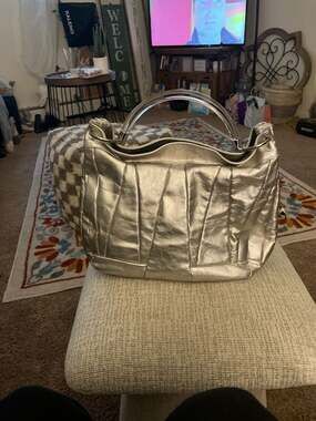 Furla Silver Metallic Leather Pleated Handbag with Lucite Handle